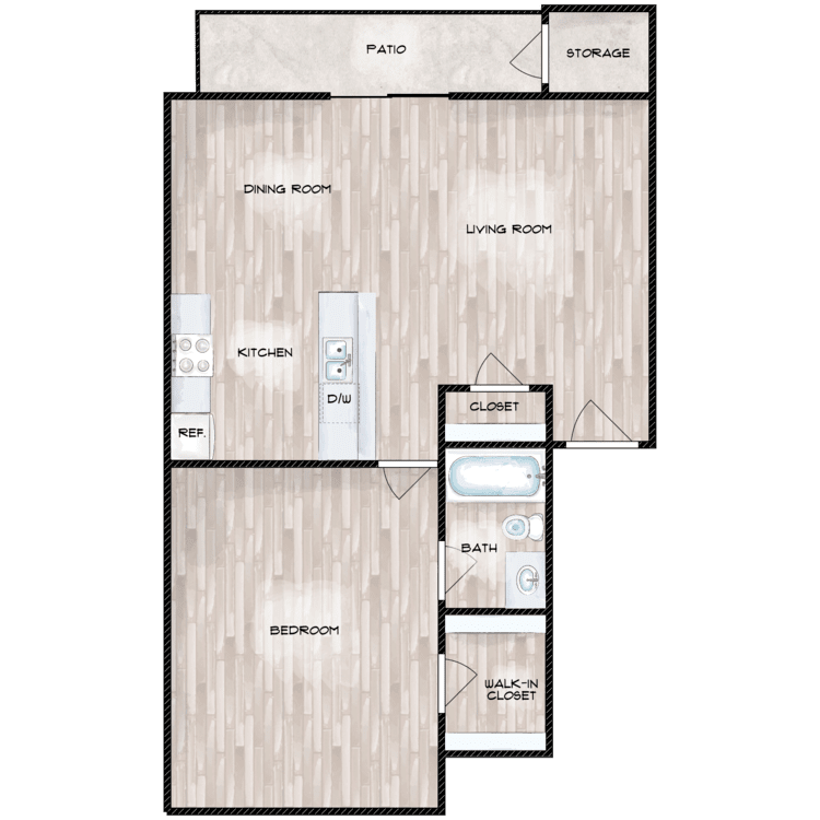 Floor plan for 1 bed, 1 bath, 661 sqft